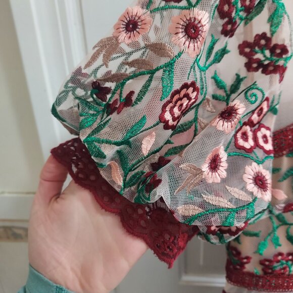 Lulualways Mesh Embroidery Floral Red Lace Dress - Picture 7 of 10